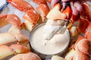 Stone crab claws dipped in mustard sauce
