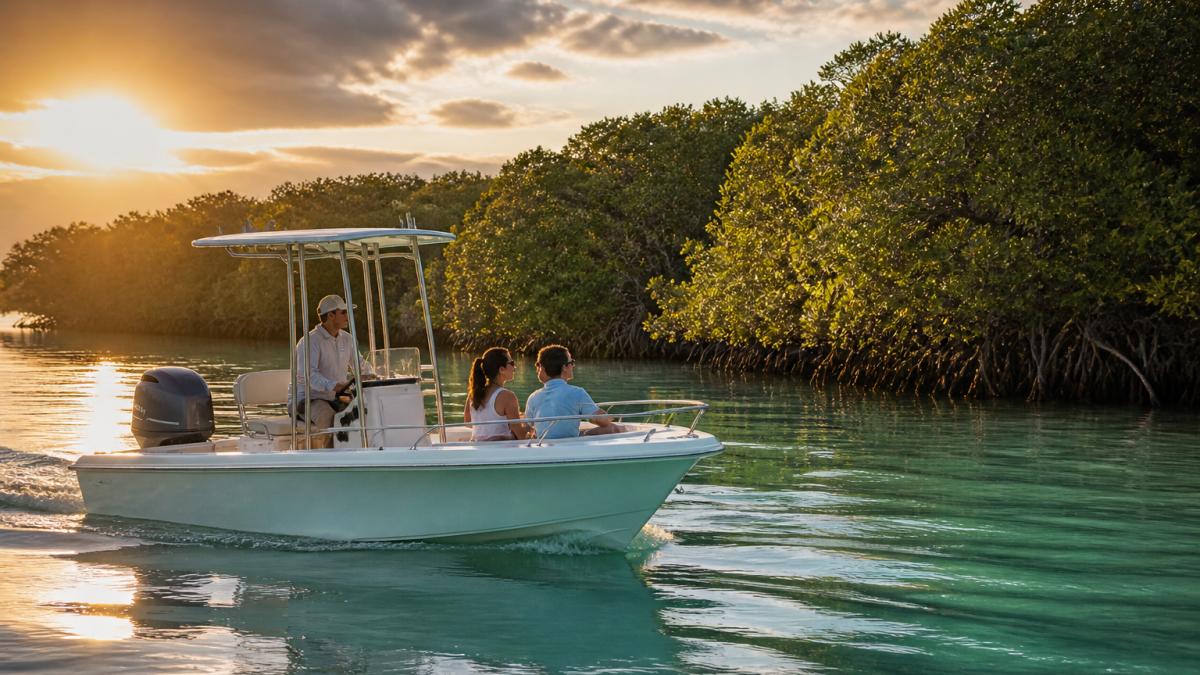 Small private boat with a captain and just a few passengers navigating calm turquoise waters near mangrove-lined shores at golden hour, showing the peaceful, intimate atmosphere of the water