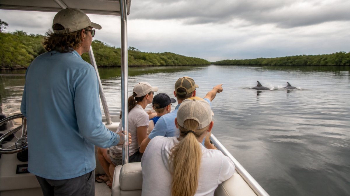 Small group of guests on a private boat with captain at the helm, calm mangrove-lined waterway in background, guests pointing toward dolphins surfacing in the distance