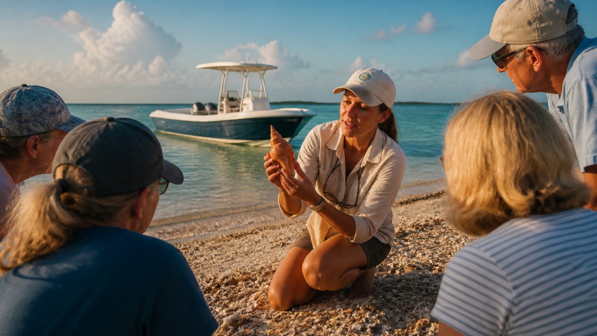 Naturalist guide showing a lightning whelk to guests during a barrier island shelling tour on a sunny beach.